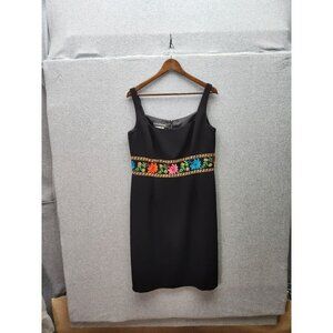 Black Sleeveless Donna Morgan Dress With Floral Embroidered Waistband & Back Zip